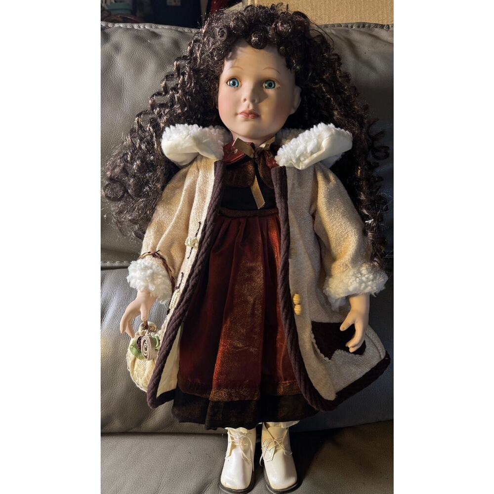 -DOLL PORCELAIN swan collection Long Brown Curly Hair Blue Eyes 21”